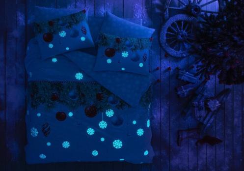 Двоспальний Євро комплект TAC Snowflake Yesil Glow Ранфорс+світиться у темряві