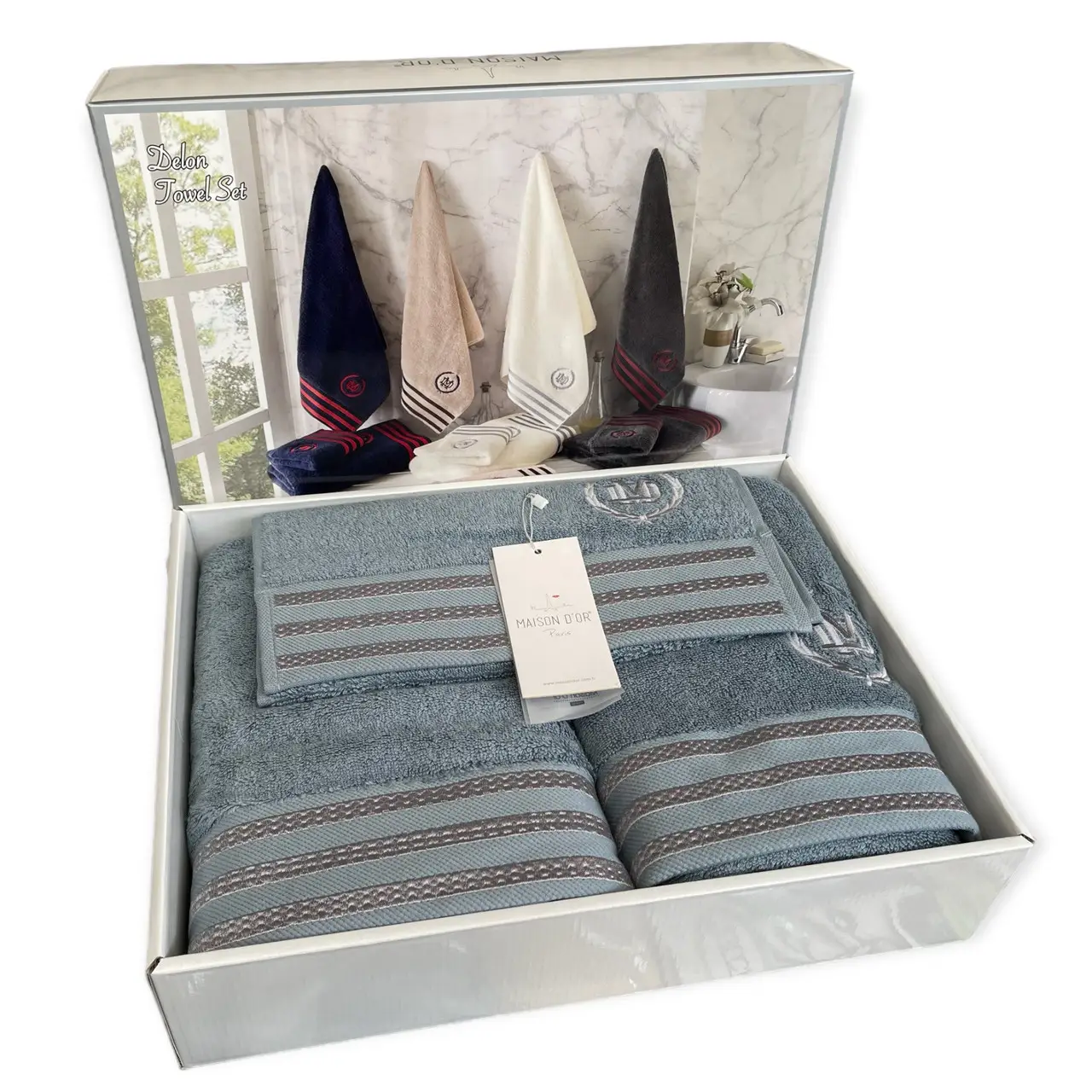 Набір рушників Maison D'or Delon Blue-Grey махрові 30-50 см, 50-100 см, 70-140 см сіро блакитний Детальніше: https://veneciy.com.ua/ua/p1782902174-nabor-polotenets-maison.html?srsltid=AfmBOoo57F-cPKaqMdtmtAkpVxiNP2GRfJW2x828zStDF6dXLfylXmOH