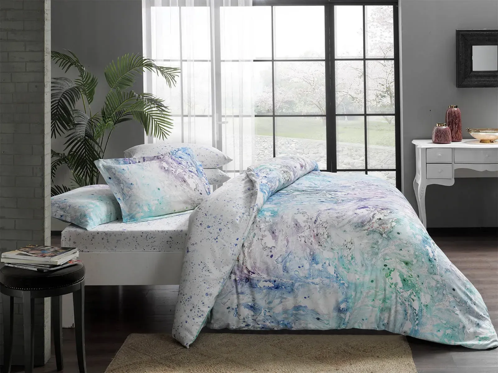 Двоспальний Євро комплект TAC Axel Turqoise Сатин-Digital