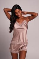 Комплект шовковий жіночий топ та шорти з мереживом, бежевий