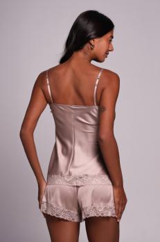 Комплект шовковий жіночий топ та шорти з мереживом, бежевий