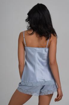 Комплект шовковий жіночий топ та шорти з мереживом, сіро-блакитний